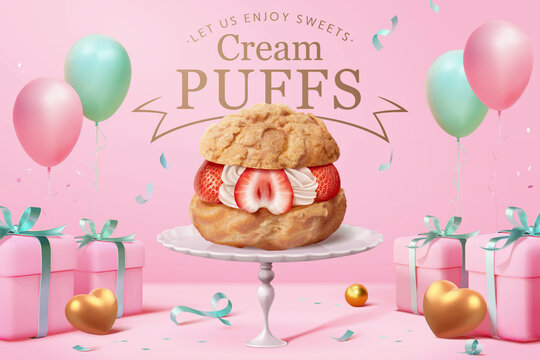 3d strawberry cream puff ad banner - Powered by Adobe