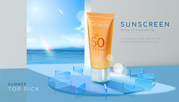 3d summer beach scene sunscreen ad