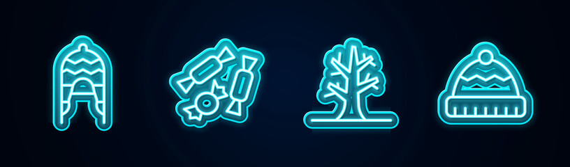 Set line Winter hat, Candy, Bare tree and . Glowing neon icon. Vector