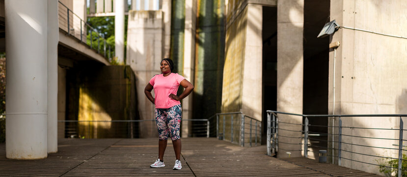 Panoramic image of Curvy Black Woman In Activewear