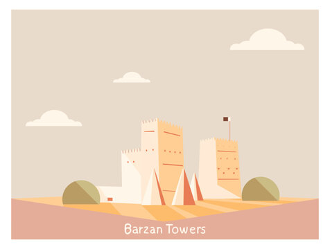 Barzan Tower or Umm Salal Mohammed Fort Towers, are watchtowers built near the sea in the municipality of Umm Salal.Qatar.Vector landmark for Qatar Map