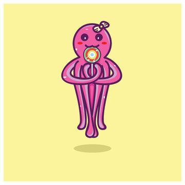 cute octopus enjoy eating lollipop vector