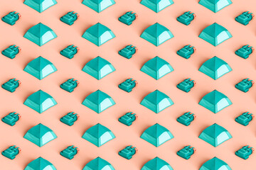 horizontal pattern of camping tents and backpacks