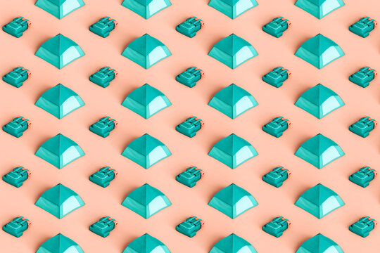 horizontal pattern of camping tents and backpacks