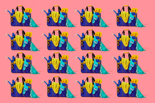 blue bags with beach items