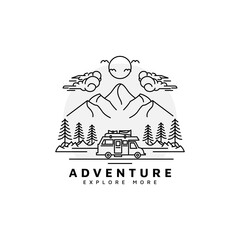 Camper van logo design, recreational vehicle with mountain and forest line art monoline style vector illustration
