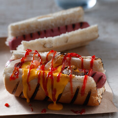hot dog with cheddar ketchup and hot pepper
