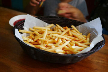 top view of french fries on a bowl on table 