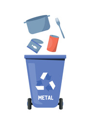 Trash can with metal. Waste sorting concept. Blue container for aluminum and iron, recycling and caring for environment. Design element for website or applications. Cartoon flat vector illustration