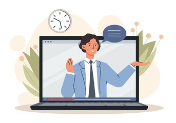 Online webinar concept. Man on screen of laptop says something. Distance learning and education. Courses and master classes on Internet, modern technologies. Cartoon flat vector illustration