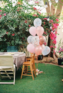 A garden decorated for a cozy birthday party