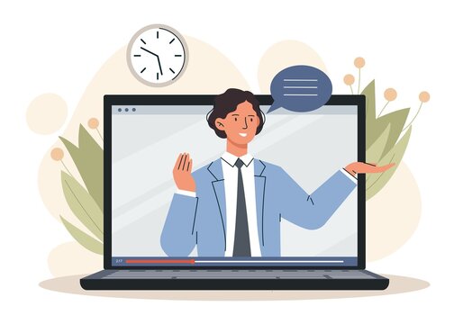 Online webinar concept. Man on screen of laptop says something. Distance learning and education. Courses and master classes on Internet, modern technologies. Cartoon flat vector illustration