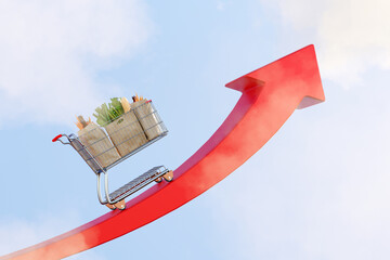 Inflation/rising food prices concept. Cart on a red arrow going up.