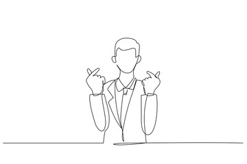 Illustration of asian businessman showing korean finger hearts express sympathy or like. One line style art