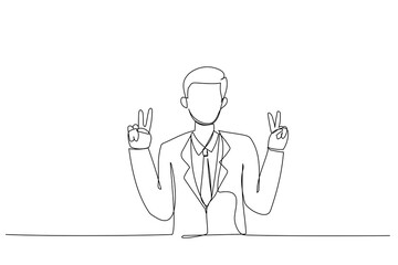 Illustration of Indian businessman elegant formal shirt doing victory V sign. One continuous line art style