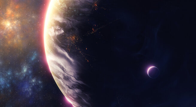 Surreal space illustration with planet and moon