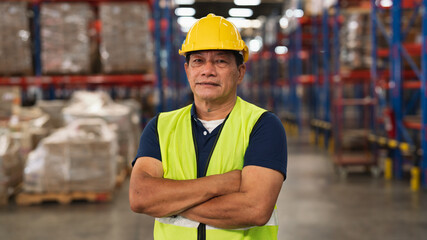 senior male warehouse worker Work at a distribution center looking at camera Standing at a large warehouse, the new arrival of additional items in the warehouse department. Employees  , organize 