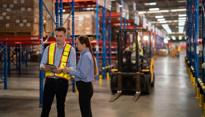 Warehouse workers are walking customers, checking products, arrangements, new arrivals of additional items in the warehouse department. Employees who organize the distribution of goods to the market.