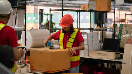 Male and female warehouse workers work at a distribution center. Closing the product use a scanner Analyze new arrivals of additional items in the warehouse department. Employees who organize the dist