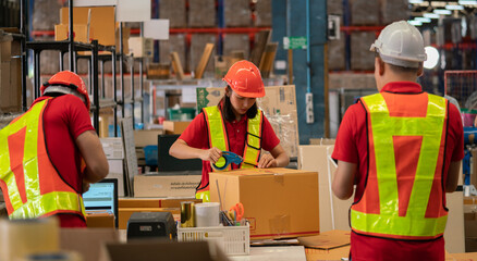Male and female warehouse workers work at a distribution center. Closing the product use a scanner Analyze new arrivals of additional items in the warehouse department. Employees who organize the dist