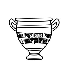 Vector illustration of a pot with greek ornament in the doodle style isolated on a white background.
