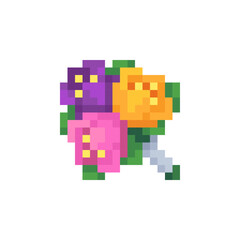 Pixel art 80s style beautiful flowers icon. Bouquet of flowers icon isolated vector illustration design for stickers, logo shop, embroidery, mobile app. 8-bit.