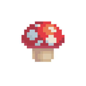 Fly agaric mushroom pixel art icon vector illustration. Mushroom element design for stickers, logo, mobile app. Video game assets 80s 8-bit.