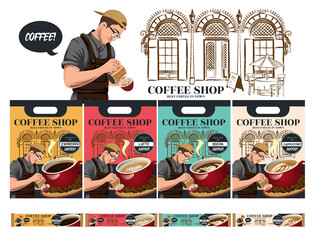 Coffee bag packaging design. A group of sketch banners with baristas and coffee shops in the background for posters or other template designs.