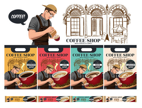 Coffee bag packaging design. A group of sketch banners with baristas and coffee shops in the background for posters or other template designs.