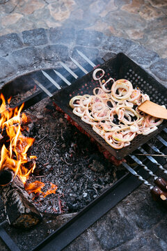 Cooking outdoors.