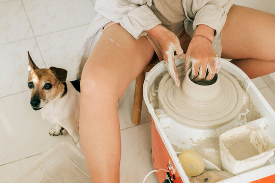 A small dog sits next to a female potter i