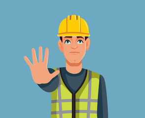 Construction Worker Making Stop Sign Vector Cartoon Illustration. Quality inspector denying permission for building after checking the risks
