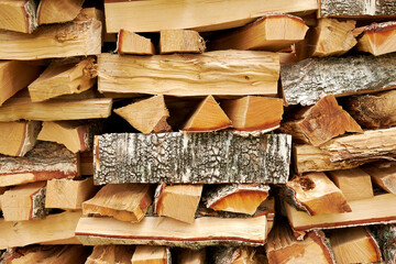 Texture of a stack of chopped and stacked firewood in a village. Abstract backgrounds