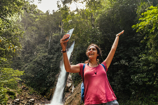 Travel Woman Taking Selfie In Nature
