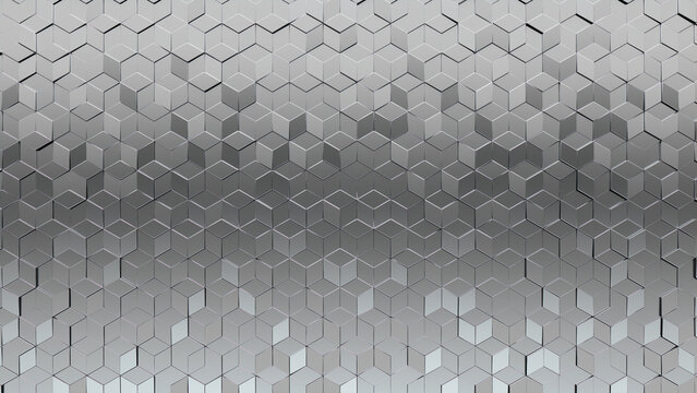 Silver Tiles arranged to create a 3D wall. Luxurious, Glossy Background formed from Diamond Shaped blocks. 3D Render