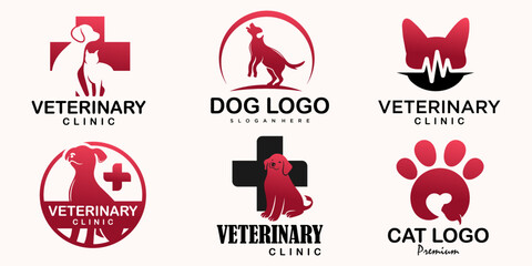 Pet care icon set logo with dog and cat silhouette symbol for store veterinary clinic hospital