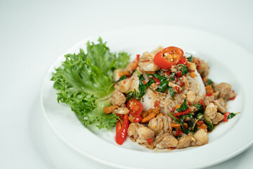 Thai food, stir-fried basil with crab ,white background

