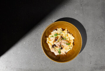 Italian pasta Pappardelle with chicken and mushrooms in creamy sauce on gray stone table. Creamy pasta pappardelle with chicken meat and mushroom. Fettucine fungi on concrete background with shadow.