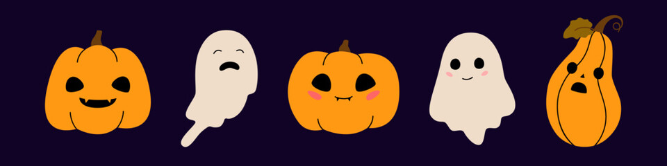 Set of orange pumpkins and ghosts for Halloween. Cute cartoon creepy characters. Cute and sad monster, funny and surprised pumpkin. Vector illustration.