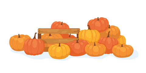 Set of orange and yellow ripe pumpkins. Local vegetables in a wooden box. Big autumn harvest. Healthy freshly harvested organic crops. Vector illustration.