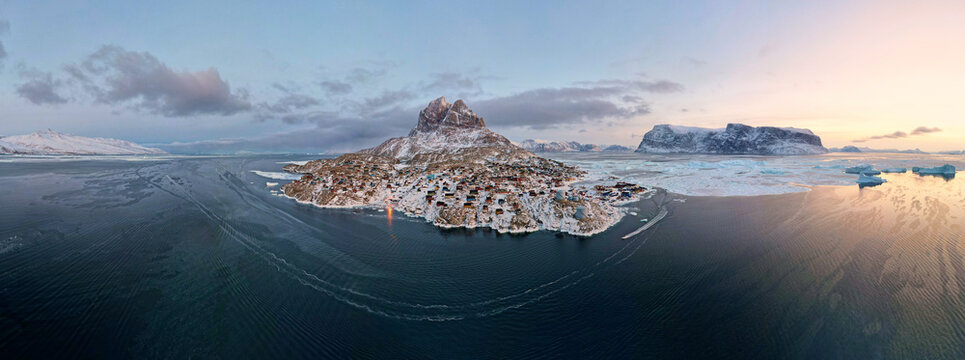 Uummannaq, Greenland - polar circle winter night wide aerial panorama