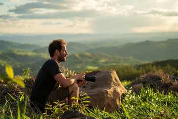 tourist with camera in a landscape
