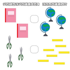 Developing activities for children, compare which more stationery school. Logic game for children, mathematical inequalities.