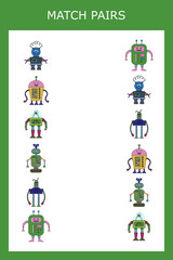 Fototapeta na wymiar Find a pair or match game with robots. Worksheet for preschool kids, kids activity sheet, printable worksheet 