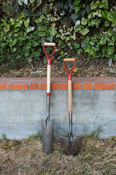Two shovels lean against planter