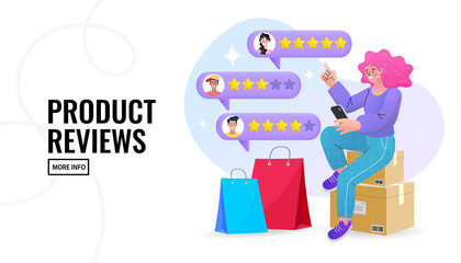 People Giving Five Star Feedback. Customer reviews concept. Online shopping with give 5 rating and review. Customer rate for success work. Vector outline Illustration.