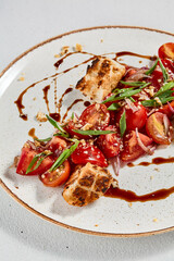 Tradition italian salad panzanella with croutons, onion and tomatoes. Tomatoes salad with bread on ceramic plate in contemporary style. Italian food. Aesthetic composition with panzanella salad.