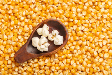 corn kernels for popcorn, in the wooden spoon