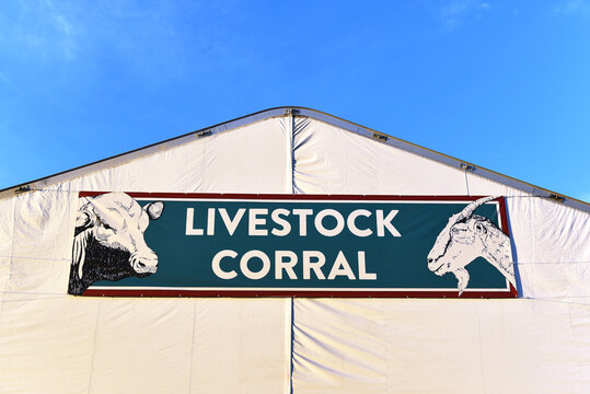 COSTA MESA, CALIFORNIA - 20 JUL 2022: Livestock Corral tent at the Orange County Fairgrounds.