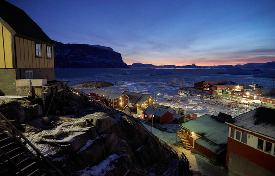 Polar night noon, winter darkness, Arctic Greenland 71 degrees north